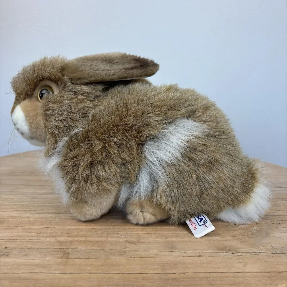 HANSA Rabbit Plush Handcrafted Realistic Bunny 9” Woodland Toy Soft Brown White